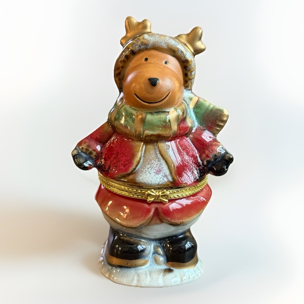 Christmas Hinged Trinket Box Porcelain Limoge Santa‎ Reindeer Teddy Bear